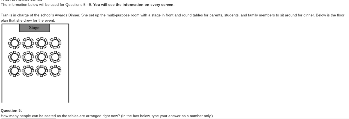 The information below will be used for Questions 5 - 9. You will see the information on every screen.
Tran is in charge of the school's Awards Dinner. She set up the multi-purpose room with a stage in front and round tables for parents, students, and family members to sit around for dinner. Below is the floor
plan that she drew for the event.
Stage
Question 5:
How many people can be seated as the tables are arranged right now? (In the box below, type your answer as a number only.)
000
000

