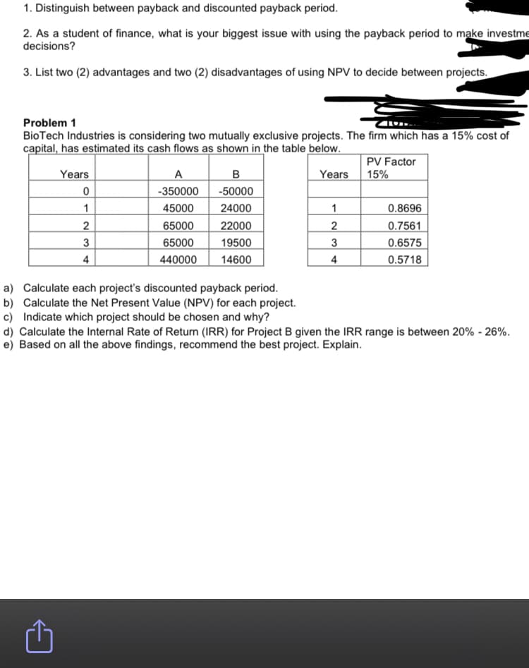 1. Distinguish between payback and discounted payback period.
2. As a student of finance, what is your biggest issue with using the payback period to make investme
decisions?
3. List two (2) advantages and two (2) disadvantages of using NPV to decide between projects.
Problem 1
BioTech Industries is considering two mutually exclusive projects. The firm which has a 15% cost of
capital, has estimated its cash flows as shown in the table below.
PV Factor
15%
Years
A
B
Years
-350000
-50000
1
45000
24000
1
0.8696
65000
22000
2
0.7561
3
65000
19500
3
0.6575
4
440000
14600
4
0.5718
a) Calculate each project's discounted payback period.
b) Calculate the Net Present Value (NPV) for each project.
c) Indicate which project should be chosen and why?
d) Calculate the Internal Rate of Return (IRR) for Project B given the IRR range is between 20% - 26%.
e) Based on all the above findings, recommend the best project. Explain.
