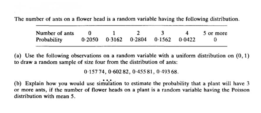 The number of ants on a flower head is a random variable having the following distribution.
0
1
2
3
4
Number of ants
Probability
5 or more
0
0-2050 0.3162 0-2804 0.1562 0.0422
(a) Use the following observations on a random variable with a uniform distribution on (0,1)
to draw a random sample of size four from the distribution of ants:
0-157 74, 0-602 82, 0-455 81, 0.493 68.
(b) Explain how you would use simulation to estimate the probability that a plant will have 3
or more ants, if the number of flower heads on a plant is a random variable having the Poisson
distribution with mean 5.