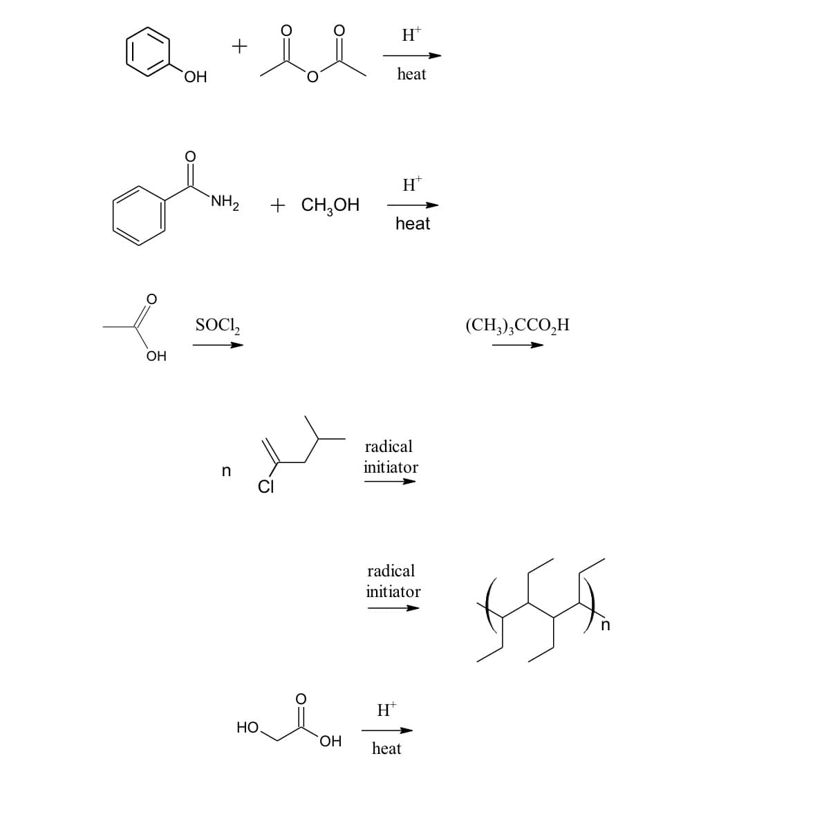 The provided image features a series of chemical reactions. Here is a transcription and description of the content useful for educational purposes:

1. **First Reaction:**

   - **Reactants:** 
     - Benzyl alcohol (\(C_6H_5OH\))
     - Acetone ((CH3)2CO)
     - Heat and an acid catalyst (H+)
   
   ![Benzyl Alcohol](https://ochem.ku.edu/sites/ochem.drupal.ku.edu/files/styles/social_media/public/media/benzyl_alcohol.svg)
   + 
   ![Acetone](https://upload.wikimedia.org/wikipedia/commons/thumb/1/14/Acetone_composite.png/300px-Acetone_composite.png)
   →
   ![Reaction Product](https://image.shutterstock.com/image-vector/chemical-reaction-equation-icon-on-260nw-1683439994.jpg)

2. **Second Reaction:**

   - **Reactants:**
     - \( H_{2}N \) (ammonia or amine group) attached to a Benzene ring with a methylene group (Benzylamine, \( NH_2C_6H_5CH_2 \))
     - Methanol (\(CH_3OH\))
     - Heat and an acid catalyst (H+)
   
   \[
   NH_{2} \text{-Benzene-}(CH_{2}) \; + \; CH_{3}OH \; \xrightarrow{H^+, \text{heat}} \; \text{Product}
   \]

3. **Third Reaction:**

   - **Reactants:**
     - Acetic acid (\(CH_3COOH\))
     - Thionyl chloride ( \(SOCl_{2}\) )

   ![Acetic Acid](https://upload.wikimedia.org/wikipedia/commons/thumb/2/2a/Acetic-acid-3D-balls.png/200px-Acetic-acid-3D-balls.png)
   + 
   ![Thionyl Chloride](https://upload.wikimedia.org/wikipedia/commons/thumb/1/1b/Thionyl-chloride-2D-skeletal.svg/200px-Thionyl-chloride-2D-skeletal.svg.png)
   → ![Reaction Product](https://image.shutterstock.com/image-vector/chemical-re