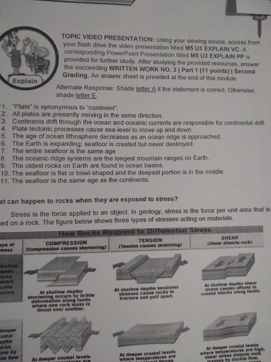 TOPIC VIDEO PRESENTATION: Using your viewing device, access from
your flash drive the video presentation titled M5 U3 EXPLAIN VC. A
corresponding PowerPoint Presentation titled M5 U3 EXPLAIN PP is
provided for further study. After studying the provided resources, answer
the succeeding WRITTEN WORK NO. 3 | Part 1 (11 points) | Second
Grading. An answer sheet is provided at the end of this module.
Explain
Alternate Response: Shade letter A if the statement is correct. Otherwise,
shade letter E.
1. "Plate" is synonymous to "continent".
2. All plates are presently moving in the same direction.
3. Continents drift through the ocean and oceanic currents are responsible for continental drift.
4. Plate tectonic processes cause sea-level to move up and down.
5. The age of ocean lithosphere decreases as an ocean ridge is approached.
6. The Earth is expanding; seafloor is created but never destroyed.
7. The entire seafloor is the same age
8. The oceanic ridge systems are the longest mountain ranges on Earth.
9. The oldest rocks on Earth are found in ocean basins.
10. The seafloor is flat or bowl-shaped and the deepest portion is in the middle.
11. The seafloor is the same age as the continents.
at can happen to rocks when they are exposed to stress?
Stress is the force applied to an object. In geology, stress is the force per unit area that is
ced on a rock. The figure below shows three types of stresses acting on materials.
How Rocks Respond to Differential Stress
pe of
tress
TENSION
(Tension causes stretching)
SHEAR
(Shear distorts rock)
COMPRESSION
(Compression causes shortening)
shallow
opthe
ocks
rittle
cture
At shallow depths
shortening occurs by brittle
deformation along faults
where one rock mass is
thrust over another.
At shallow depths tensional
stresses cause rocks to
fracture and pull apart.
At shallow depths shear
stress causes offsets in
crustal blocks along faults.
deeper
ustal
pths
ocks
pr by
Gle flow
At deeper crustal levels
where temperatures are high,
shear stress distorts rock
masses by ductile flow,
At deeper crustal levels
ntures are
At deeper crustal levels
where temperatures are
ft forces
