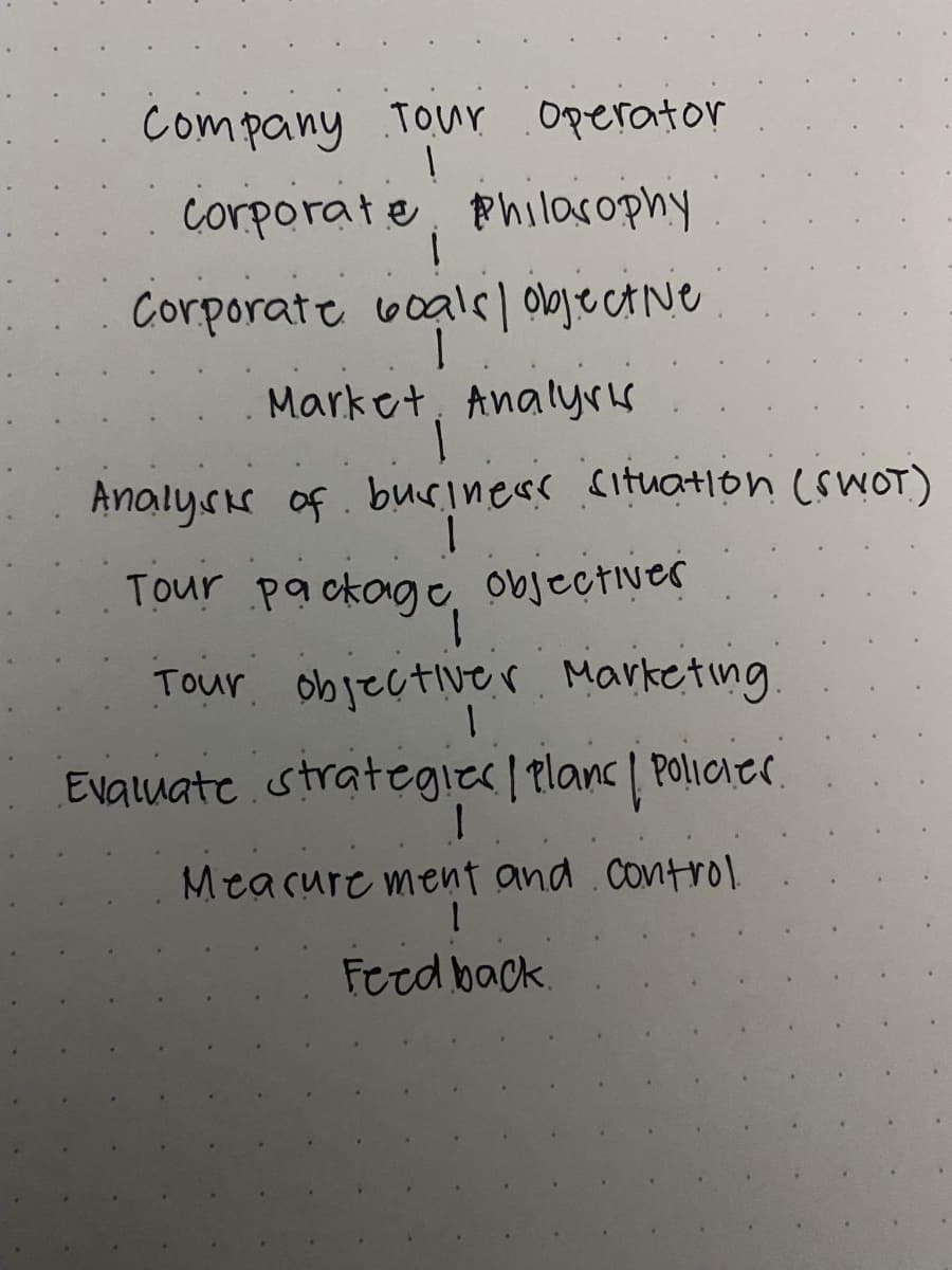 Company Tour .Operator
corporate, Philasophy
Corporate voals) olaj e ct Ne
Market, Analyris
Analysır of. buriness situat|on (SWOT)
Tour pa ckoge objectiver
Tour. objectiver. Marketing.
Evaluate strategies| Planc | Poliaer.
Meacure ment and.contro).
Ferd back
