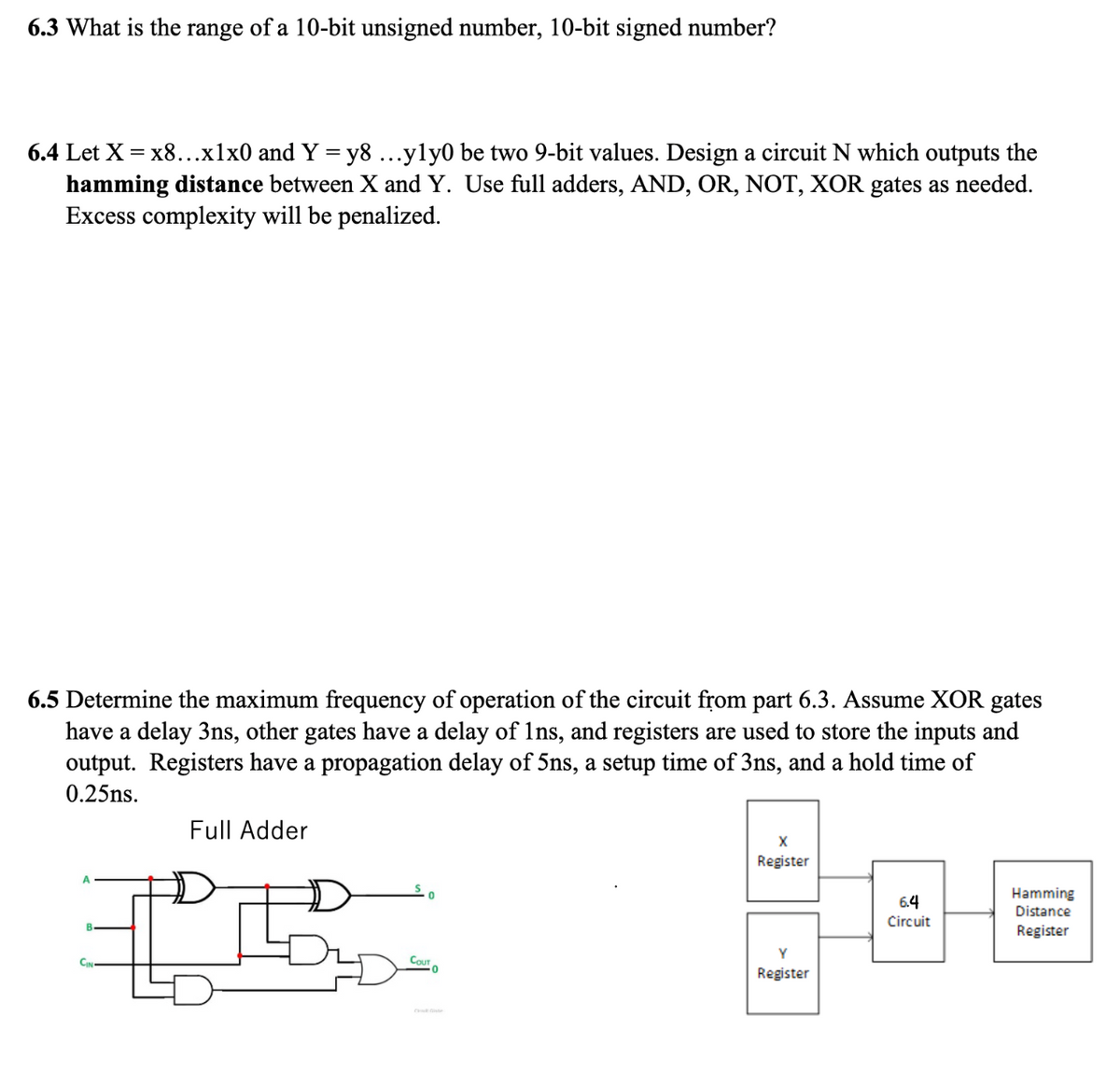 6.3 What is the range of a 10-bit unsigned number, 10-bit signed number?
6.4 Let X = x8...x1x0 and Y = y8 ...yly0 be two 9-bit values. Design a circuit N which outputs the
hamming distance between X and Y. Use full adders, AND, OR, NOT, XOR gates as needed.
Excess complexity will be penalized.
6.5 Determine the maximum frequency of operation of the circuit from part 6.3. Assume XOR gates
have a delay 3ns, other gates have a delay of 1ns, and registers are used to store the inputs and
output. Registers have a propagation delay of 5ns, a setup time of 3ns, and a hold time of
0.25ns.
Full Adder
B
0
COUT
X
Register
Y
Register
6.4
Circuit
Hamming
Distance
Register