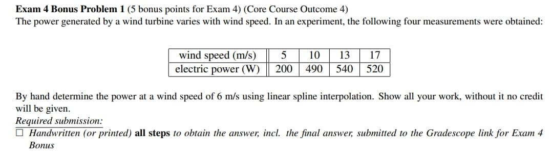 Exam 4 Bonus Problem 1 (5 bonus points for Exam 4) (Core Course Outcome 4)
The power generated by a wind turbine varies with wind speed. In an experiment, the following four measurements were obtained:
wind speed (m/s)
electric power (W)
5 10 13
200 490 540
17
520
By hand determine the power at a wind speed of 6 m/s using linear spline interpolation. Show all your work, without it no credit
will be given.
Required submission:
☐ Handwritten (or printed) all steps to obtain the answer, incl. the final answer, submitted to the Gradescope link for Exam 4
Bonus