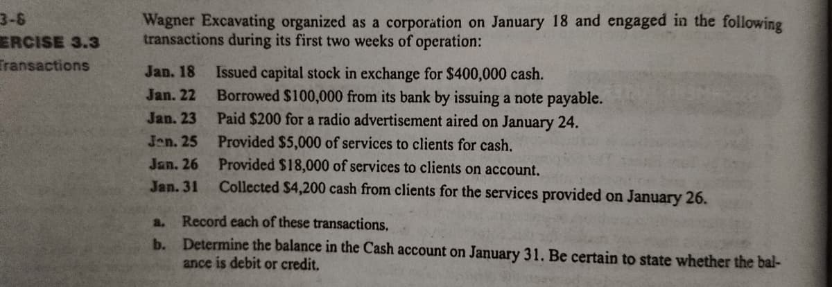 3-8
ERCISE 3.3
Wagner Excavating organized as a corporation on January 18 and engaged in the following
transactions during its first two weeks of operation:
Transactions
Issued capital stock in exchange for $400,000 cash.
Borrowed $100,000 from its bank by issuing a note payable.
Jan. 18
Jan. 22
Jan. 23
Paid $200 for a radio advertisement aired on January 24.
Jen. 25
Provided $5,000 of services to clients for cash.
Provided $18,000 of services to clients on account.
Collected $4,200 cash from clients for the services provided on January 26.
Jan. 26
Jan. 31
a.
Record each of these transactions,
b. Determine the balance in the Cash account on January 31. Be certain to state whether the bal-
ance is debit or credit.
