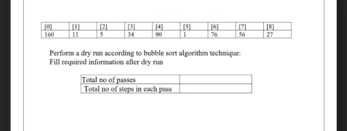 [0]
160
(1]
[3]
[5]
[6]
76
[2]
[4]
[7]
56
[8]
27
11
5
34
90
1
Perform a dry run according to bubble sort algorithm technique:
Fill required information after dry run
Total no of passes
| Total no of steps in each pass
