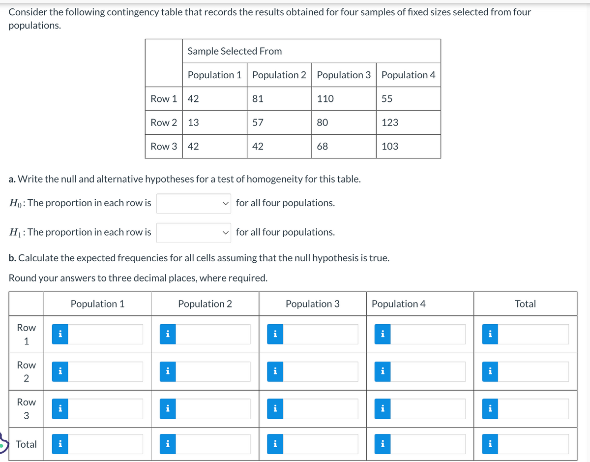 Consider the following contingency table that records the results obtained for four samples of fixed sizes selected from four
populations.
Row
1
Row
2
Row
3
Total
Row 1
IN
Row 2
i
Sample Selected From
Population 1 Population 2 Population 3 Population 4
42
13
Row 3 42
a. Write the null and alternative hypotheses for a test of homogeneity for this table.
Ho: The proportion in each row is
for all four populations.
81
57
Population 2
42
110
H₁: The proportion in each row is
✓for all four populations.
b. Calculate the expected frequencies for all cells assuming that the null hypothesis is true.
Round your answers to three decimal places, where required.
Population 1
80
68
55
Population 3
123
103
Population 4
Total