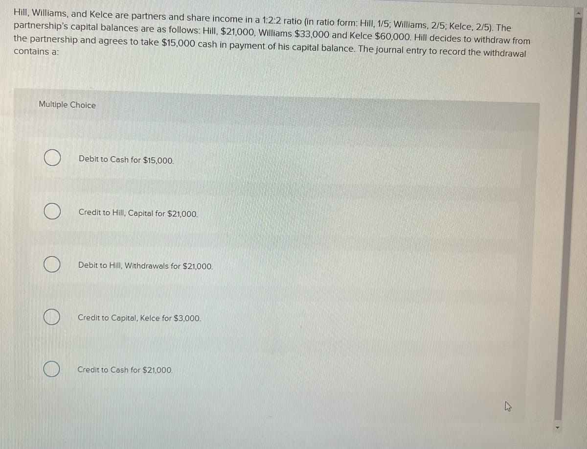 Hill, Williams, and Kelce are partners and share income in a 1:2:2 ratio (in ratio form: Hill, 1/5; Williams, 2/5; Kelce, 2/5). The
partnership's capital balances are as follows: Hill, $21,000, Williams $33,000 and Kelce $60,000. Hill decides to withdraw from
the partnership and agrees to take $15,000 cash in payment of his capital balance. The journal entry to record the withdrawal
contains a:
Multiple Choice
Debit to Cash for $15,000.
Credit to Hill, Capital for $21,000.
Debit to Hill, Withdrawals for $21,000.
Credit to Capital, Kelce for $3,000.
Credit to Cash for $21,000.