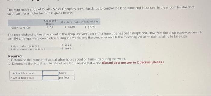 The auto repair shop of Quality Motor Company uses standards to control the labor time and labor cost in the shop. The standard
labor cost for a motor tune-up is given below:
Standard Rate Standard Cost
$ 34.00
$85.00
The record showing the time spent in the shop last week on motor tune-ups has been misplaced. However, the shop supervisor recalls
that 54 tune-ups were completed during the week, and the controller recalls the following variance data relating to tune-ups:
Motor tune-up
Standard
Hours
2.50
Labor rate variance
Labor spending variance
1. Actual labor hours
2. Actual hourly rate
$ 350 F
$ 500 U
Required:
1. Determine the number of actual labor-hours spent on tune-ups during the week.
2. Determine the actual hourly rate of pay for tune-ups last week. (Round your answer to 2 decimal places.)
hours
per hour