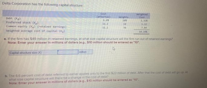Delta Corporation has the following capital structure:
Debt (d)
Preferred stock (Kp)
Common equity (K) (retained earnings)
Weighted average cost of capital (Kg)
Capital structure size (X)
Cost
(aftertax)
million
6.6%
11.2
11.2
Weights
20%
10
70
Weighted
Cost
a. If the firm has $49 million in retained earnings, at what size capital structure will the firm run out of retained earnings?
Note: Enter your answer in millions of dollars (e.g., $10 million should be entered as "10".
4
1.32%
1.12
7.84
10.28%
b. The 6.6 percent cost of debt referred to earlier applies only to the first $23 million of debt. After that the cost of debt will go up. At
what size capital structure will there be a change in the cost of debt?
Note: Enter your answer in millions of dollars (e.g., $10 million should be entered as "10",