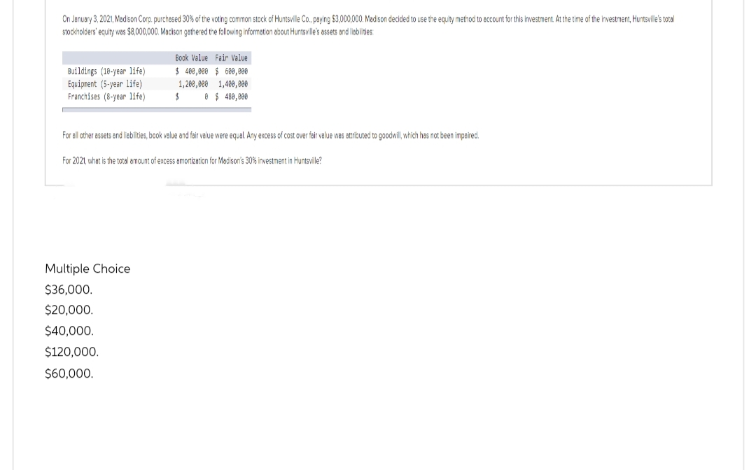 On January 3, 2021, Madison Corp. purchased 30% of the voting common stock of Huntsville Co., paying $3,000,000. Madison decided to use the equity method to account for this investment. At the time of the investment, Huntsville's total
stockholders' equity was $8,000,000. Madison gathered the following information about Huntsville's assets and liabilities:
Buildings (18-year life)
Equipment (5-year life)
Franchises (8-year life)
Book Value Fair Value
$ 400,000 $ 680,000
1,200,000 1,400,000
$
8 $ 480,000
For all other assets and liabilities, book value and fair value were equal. Any excess of cost over fair value was attributed to goodwill, which has not been impaired.
For 2021, what is the total amount of excess amortization for Madison's 30% investment in Huntsville?
Multiple Choice
$36,000.
$20,000.
$40,000.
$120,000.
$60,000.