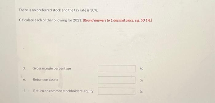 There is no preferred stock and the tax rate is 30%.
Calculate each of the following for 2021: (Round answers to 1 decimal place, e.g. 50.1%.)
d. Gross margin percentage
C.
1.
Return on assets
Return on common stockholders' equity
*