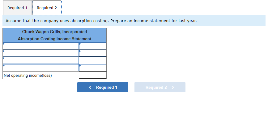 Required 1 Required 2
Assume that the company uses absorption costing. Prepare an income statement for last year.
Chuck Wagon Grills, Incorporated
Absorption Costing Income Statement
Net operating income(loss)
< Required 1
Required 2 >