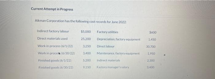 Current Attempt in Progress
Aikman Corporation has the following cost records for June 2022:
Indirect factory labour
Direct materials used
Work in process (6/1/22)
Work in proces (6/30/22)
Finished goods (6/1/22)
Finished goods (6/30/22)
$5,000
25,200
3,250
3,400
5,200
9.150
Factory utilities
Depreciation, factory equipment
Direct labour
Maintenance, factory equipment
Indirect materials
Factory manager's salary
$600
1,450
30,700
1,950
2,300
3.400