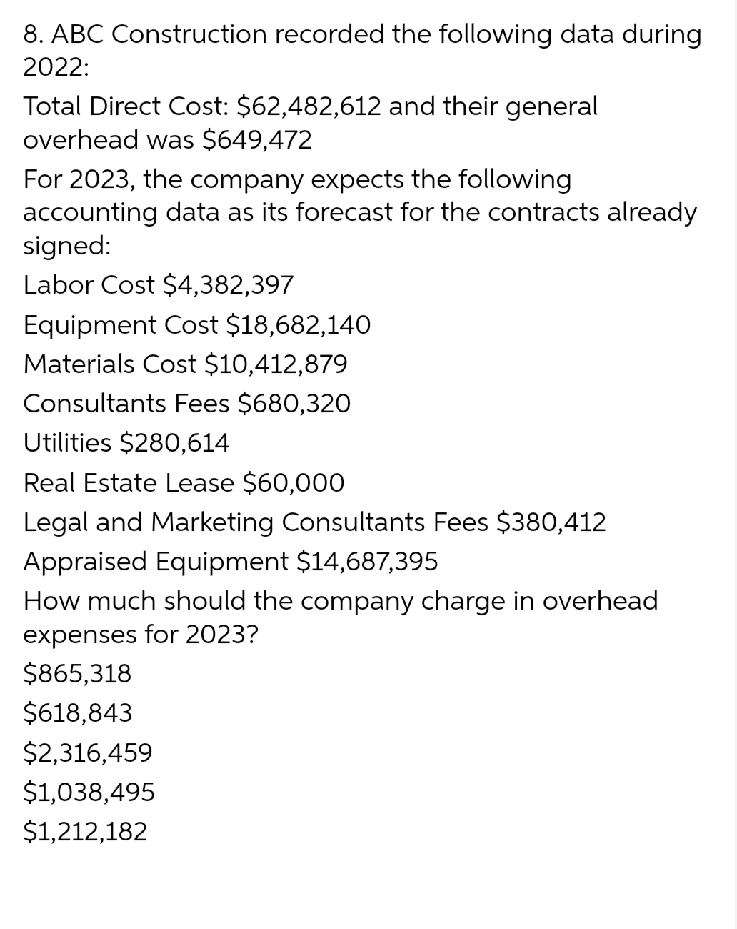 8. ABC Construction recorded the following data during
2022:
Total Direct Cost: $62,482,612 and their general
overhead was $649,472
For 2023, the company expects the following
accounting data as its forecast for the contracts already
signed:
Labor Cost $4,382,397
Equipment Cost $18,682,140
Materials Cost $10,412,879
Consultants Fees $680,320
Utilities $280,614
Real Estate Lease $60,000
Legal and Marketing Consultants Fees $380,412
Appraised Equipment $14,687,395
How much should the company charge in overhead
expenses for 2023?
$865,318
$618,843
$2,316,459
$1,038,495
$1,212,182