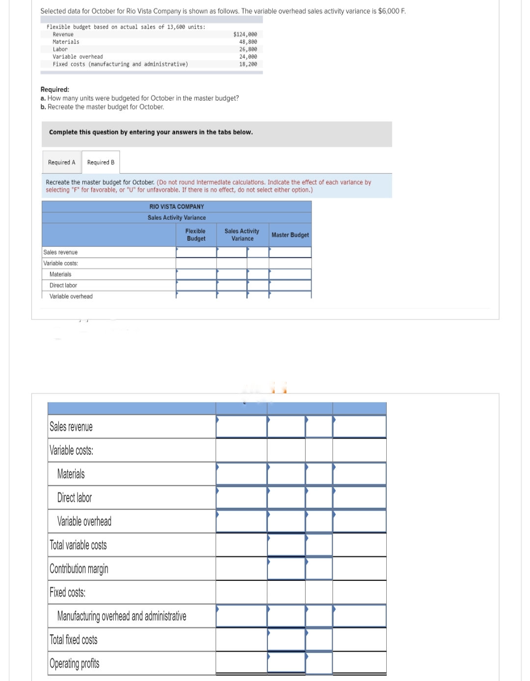 Selected data for October for Rio Vista Company is shown as follows. The variable overhead sales activity variance is $6,000 F.
Flexible budget based on actual sales of 13,600 units:
Revenue
Materials
Labor
Variable overhead
Fixed costs (manufacturing and administrative)
Required:
a. How many units were budgeted for October in the master budget?
b. Recreate the master budget for October.
Complete this question by entering your answers in the tabs below.
Required A
Required B
Sales revenue
Variable costs:
Recreate the master budget for October. (Do not round Intermediate calculations. Indicate the effect of each varlance by
selecting "F" for favorable, or "U" for unfavorable. If there is no effect, do not select either option.)
Materials
Direct labor
Variable overhead
Sales revenue
Variable costs:
$124,000
48,800
26,800
24,000
18,200
RIO VISTA COMPANY
Sales Activity Variance
Flexible
Budget
Materials
Direct labor
Variable overhead
Total variable costs
Contribution margin
Fixed costs:
Manufacturing overhead and administrative
Total fixed costs
Operating profits
Sales Activity
Variance
Master Budget