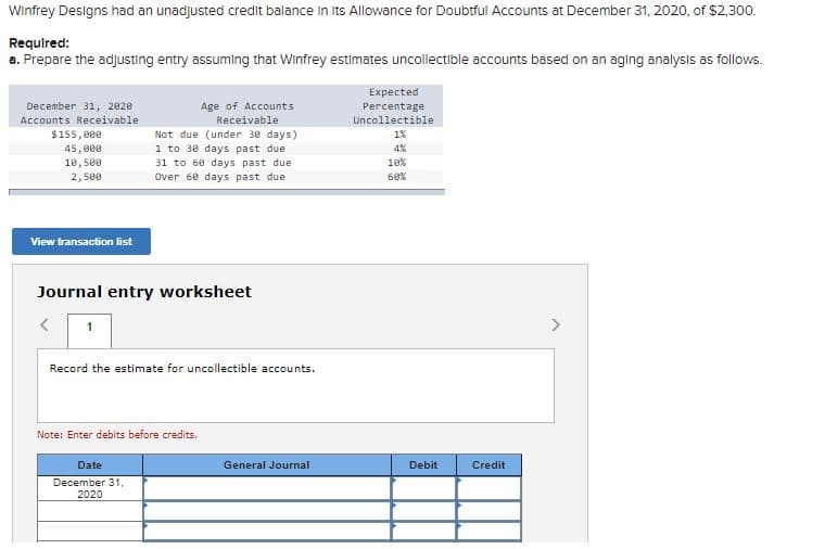 Winfrey Designs had an unadjusted credit balance in its Allowance for Doubtful Accounts at December 31, 2020, of $2,300.
Required:
a. Prepare the adjusting entry assuming that Winfrey estimates uncollectible accounts based on an aging analysis as follows.
Expected
December 31, 2020
Age of Accounts
Percentage
Uncollectible
Accounts Receivable
Receivable
$155,000
45,000
Not due (under 30 days)
1%
1 to 30 days past due
31 to 68 days past due
Over 60 days past due
4%
18,500
10%
2,500
60%
View transaction list
Journal entry worksheet
Record the estimate for uncollectible accounts.
Note: Enter debits before credits.
Date
General Journal
Debit
Credit
December 31,
2020
