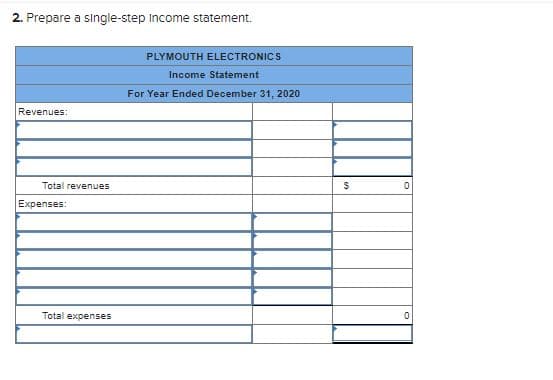 2. Prepare a single-step Income statement.
PLYMOUTH ELECTRONICS
Income Statement
For Year Ended December 31, 2020
Revenues:
Total revenues
Expenses:
Total expenses
