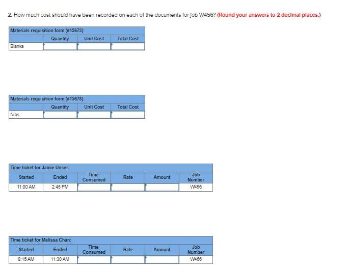 2 How much cost should have been recorded on each of the documents for Job W456? (Round your answers to 2 decimal places.)
Materials requisition form (#15673):
Quantity
Unit Cost
Total Cost
Blanks
Materials requisition form (#15678):
Quantity
Unit Cost
Total Cost
Nibs
Time ticket for Jamie Unser:
Time
Job
Started
Ended
Rate
Amount
Consumed
Number
11:00 AM
2:45 PM
W456
Time ticket for Melissa Chan:
Time
Job
Number
Started
Ended
Rate
Amount
Consumed
8:15 AM
11:30 AM
W456
