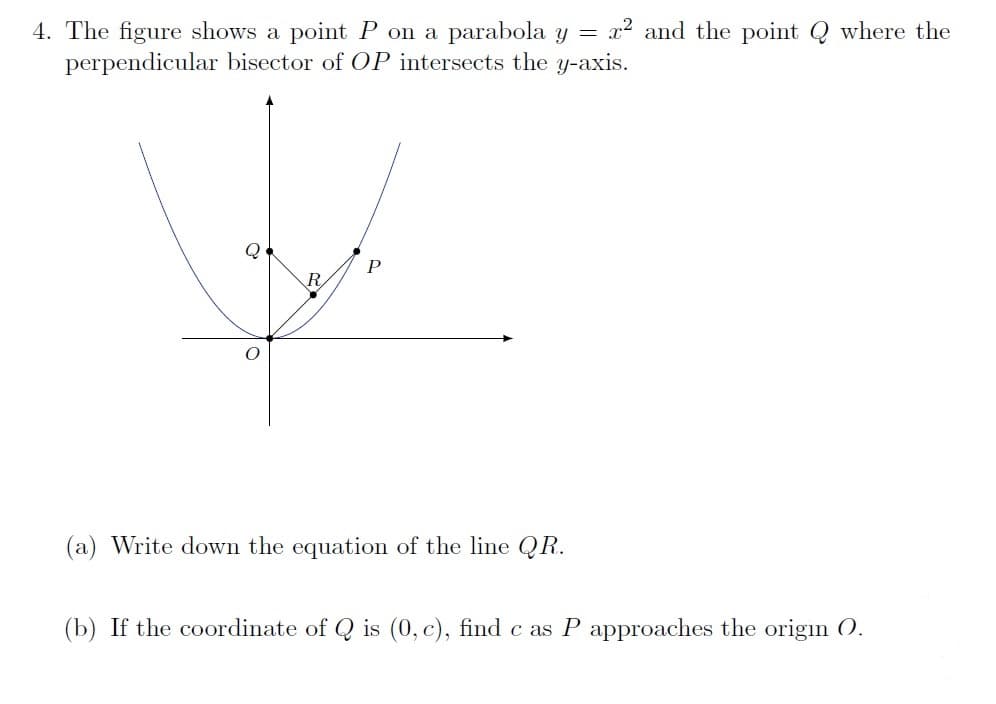 4. The figure shows a point P on a parabola y = x2 and the point Q where the
perpendicular bisector of OP intersects the y-axis.
Q
P
R.
(a) Write down the equation of the line QR.
(b) If the coordinate of Q is (0, c), find c as P approaches the origin 0.
