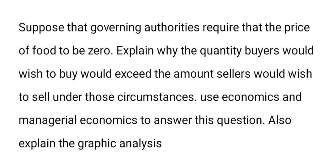 Suppose that governing authorities require that the price
of food to be zero. Explain why the quantity buyers would
wish to buy would exceed the amount sellers would wish
to sell under those circumstances. use economics and
managerial economics to answer this question. Also
explain the graphic analysis
