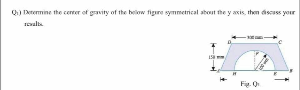 Q1) Determine the center of gravity of the below figure symmetrical about the y axis, then discuss your
results.
- 300 mm-
D
150 mm
E
Fig. Qi.
UR 01
