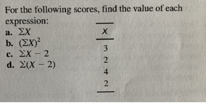 For the following scores, find the value of each
expression:
a. EX
b. (EX)
с. УX- 2
d. Σ(Χ-2)
3
4
