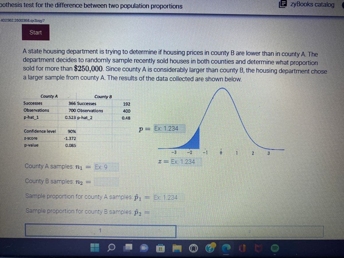 ### Hypothesis Test for the Difference Between Two Population Proportions

**Overview:**
A state housing department is attempting to ascertain if housing prices in County B are lower than those in County A. The department conducted a random sampling of recently sold houses in both counties, focusing on houses sold for more than $250,000. Given that County A is significantly larger than County B, a larger sample was drawn from County A. The data collected is summarized below.

**Data Summary:**

|                      | County A            | County B         |
|----------------------|--------------------|------------------|
| **Successes**        | 366                | 192              |
| **Observations**     | 700                | 400              |
| **p-hat**            | 0.523              | 0.48             |

**Statistical Analysis:**

- **Confidence Level:** 90%
- **z-score:** -1.372
- **p-value:** 0.085

**Graphical Representation:**

- A normal distribution curve is displayed with a shaded region corresponding to the z-score of -1.372. This shaded area indicates the region of rejection for the hypothesis test at a 90% confidence level.

### Detailed Explanation:

The hypothesis test aims to determine if the proportion of houses sold for more than $250,000 in County B is significantly lower than in County A. The sample data provides the following:

1. **Sample Sizes and Proportions:**
   - County A: 
     - Sample Size (\( n_1 \)) = 700 
     - Sample Proportion (\( \hat{p}_1 \)) = 0.523
   - County B: 
     - Sample Size (\( n_2 \)) = 400 
     - Sample Proportion (\( \hat{p}_2 \)) = 0.48

2. **Hypothesis Testing:**
   - Null Hypothesis (\( H_0 \)): No difference in the proportions (\( p_1 = p_2 \))
   - Alternative Hypothesis (\( H_a \)): Proportion is greater in County A than in County B (\( p_1 > p_2 \))

3. **Analysis and Interpretation:**
   - Given the z-score of -1.372 and the p-value of 0.085 at a 90% confidence level, the p-value exceeds the common significance level