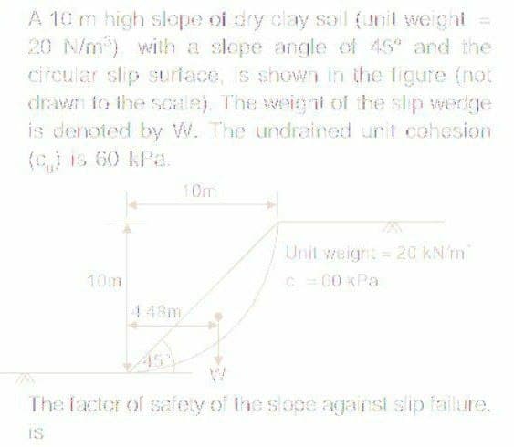 A 10 m high sope of dry clay sol (unil weight =
20 N/m) with a slope angle of 45 and the
circular slip suriace, is shown in the figure (not
drawn to the scale). The weight of the slp wedge
is denoted by W. The undrained unt cohosion
(C) is 60 kPa.
10m
Unit weight= 20 kN m
C = 60 kPa
10m
448m,
45%
The facter of safety of the slooe against sip failure.
IS
