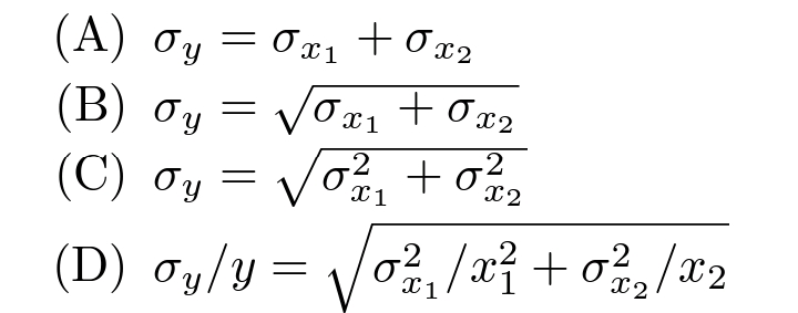 (A) oy = ox1 + Ox2
(B) συ
(C) συ
Vox1 + Ox2
-2
Oy = Voá, +o
x1
X2
.2
-2
(D) σy/y
X2
