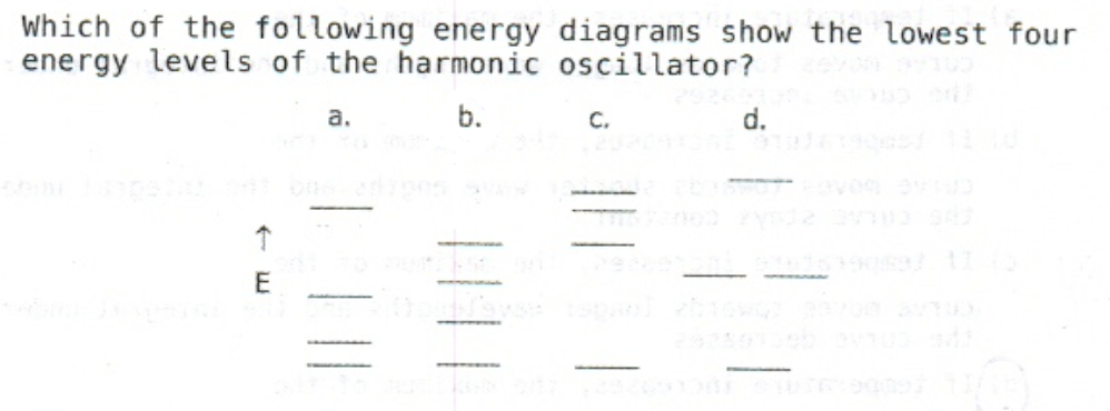 Which of the following energy diagrams show the lowest four
energy levels of the harmonic oscillator?
b.
←E
个
a.
C.
d.