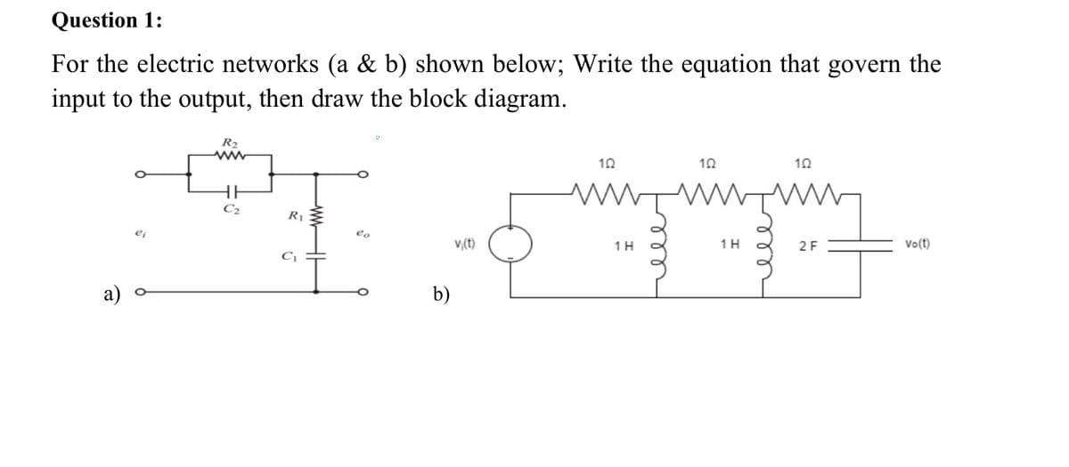 Question 1:
For the electric networks (a & b) shown below; Write the equation that govern the
input to the output, then draw the block diagram.
a)
ei
R₂
www
HH
C₂
10
ITA
v;(t)
1 H
R₁
b)
102
1H
10
2 F
Vo(t)