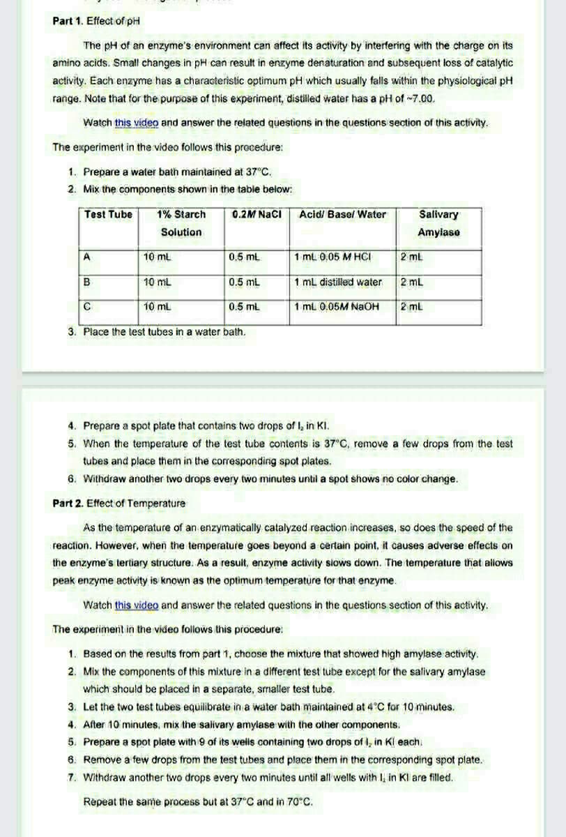 Part 1. Effect of pH
The pH of an enzyme's environment can affect its activity by interfering with the charge on its
amino acids. Small changes in pH can result in enzyme denaturation and subsequent loss of catalytic
activity. Each enzyme has a characteristic optimum pH which usually falls within the physiological pH
range. Note that for the purpose of this experiment, distilled water has a pH of -7.00.
Watch this video and answer the reiated questions in the questions section of this activity.
The experiment in the video follows this procedure:
1. Prepare a water bath maintained at 37 C.
2. Mix the components shown in the table below:
Test Tube
1% Starch
0.2M NaCI
Acid/ Basel Water
Salivary
Solution
Amylase
A
10 ml
0.5 mL
1 ml 0.05 M HCI
2 ml
B
10 mL
0.5 mL
1 mL distilled water
2 mL
10 ml
0.5 ml
1 mL 0.05M NAOH
2 ml
3. Place the test tubes in a water bath.
4. Prepare a spot plate that contains two drops of I, in KI.
5. When the temperature of the test tube contents is 37 C, remove a few drops from the test
tubes and place them in the correspondirig spot plates.
6. Withdraw another two drops every two minutes until a spot shows no color change.
Part 2. Effect of Temperature
As the temperature of an enzymatically catalyzed reaction increases, so does the speed of the
reaction. However, when the temperature goes beyond a certain point, it causes adverse effects on
the enzyme's tertiary structure. As a result, enzyme activity siows down. The temperature that aliows
peak enzyme activity is known as the optimum temperature for that enzyme.
Watch this video and answer the related questions in the questions section of this activity.
The experiment in the video foilows this procedure:
1. Based on the results from part 1, choose the mixture that showed high amylase activity.
2. Mix the components of this mixture in a different test tube except for the salivary amylase
which should be placed in a separate, smaller test tube.
3. Let the two test tubes equilibrate in a water bath maintained at 4 C for 10 minutes.
4. After 10 minutes, mix the sailivary amylase with the other components.
5. Prepare a spot piate with 9 of its weils containing two drops of I, in Kl each.
6. Remove a few drops from the test tubes and place them in the corresponding spot plate.
7. Withdraw another two drops every two minutes until all wells with I, in KI are filled.
Repeat the sanme process but at 37 C and in 70°C.
