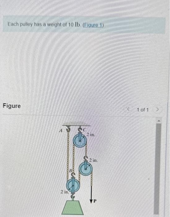 Each pulley has a weight of 10 lb. (Figure 1)
Figure
2 in.
2 in.
2 in.
1 of 1 >