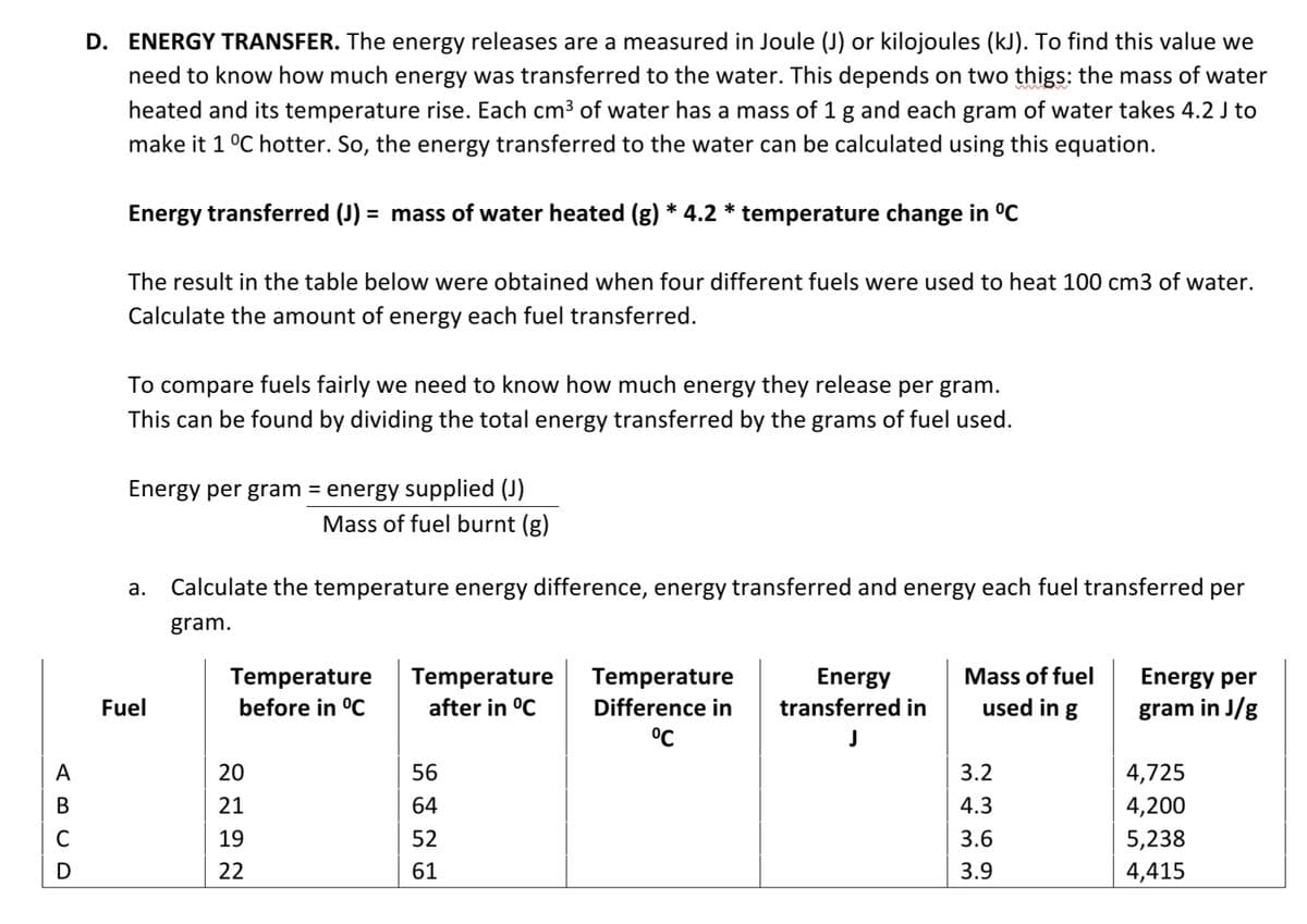 D. ENERGY TRANSFER. The energy releases are a measured in Joule (J) or kilojoules (kJ). To find this value we
need to know how much energy was transferred to the water. This depends on two thigs: the mass of water
heated and its temperature rise. Each cm³ of water has a mass of 1 g and each gram of water takes 4.2 J to
make it 1 °C hotter. So, the energy transferred to the water can be calculated using this equation.
Energy transferred (J) = mass of water heated (g) * 4.2 * temperature change in °C
The result in the table below were obtained when four different fuels were used to heat 100 cm3 of water.
Calculate the amount of energy each fuel transferred.
To compare fuels fairly we need to know how much energy they release per gram.
This can be found by dividing the total energy transferred by the grams of fuel used.
Energy per gram = energy supplied (J)
Mass of fuel burnt (g)
a.
Calculate the temperature energy difference, energy transferred and energy each fuel transferred per
gram.
Temperature
before in °C
Temperature
after in °C
Temperature
Difference in
°℃
Energy
transferred in
J
Mass of fuel
used in g
Fuel
Energy per
gram in J/g
56
3.2
64
4.3
52
3.6
61
3.9
ABCD
2722
20
21
19
4,725
4,200
5,238
4,415