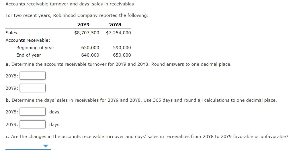 Accounts receivable turnover and days' sales in receivables
For two recent years, Robinhood Company reported the following:
20Υ9
20Υ8
Sales
$8,707,500
$7,254,000
Accounts receivable:
Beginning of year
650,000
590,000
End of year
640,000
650,000
a. Determine the accounts receivable turnover for 20Y9 and 20Y8. Round answers to one decimal place.
20Υ8:
20Υ9:
b. Determine the days' sales in receivables for 20Y9 and 20Y8. Use 365 days and round all calculations to one decimal place.
20Υ8:
days
20Υ9:
days
c. Are the changes in the accounts receivable turnover and days' sales in receivables from 20Y8 to 20Y9 favorable or unfavorable?
