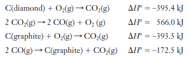 C(diamond) + O,(g) → CO;(g)
AH = -395.4 kJ
2 CO:(g) →2 CO(g) + O, (g)
AH = 566.0 kJ
C(graphite) + O,(g)→ CO,(g)
AH = -393.5 kJ
2 CO(g) → C(graphite) + CO,(g) AH = -172.5 kJ
