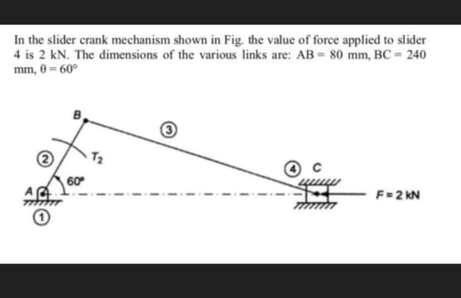 In the slider crank mechanism shown in Fig. the value of force applied to slider
4 is 2 kN. The dimensions of the various links are: AB 80 mm, BC 240
mm, 0 = 60°
%3D
%3D
60
F=2 kN
