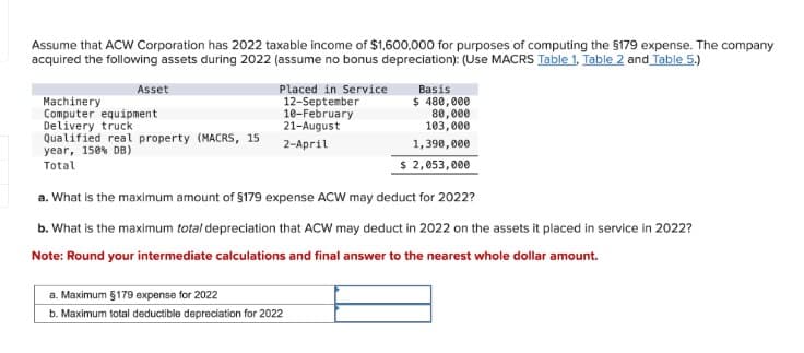 Assume that ACW Corporation has 2022 taxable income of $1,600,000 for purposes of computing the $179 expense. The company
acquired the following assets during 2022 (assume no bonus depreciation): (Use MACRS Table 1. Table 2 and Table 5.)
80,000
103,000
Asset
Machinery
Placed in Service
12-September
Basis
$ 480,000
Computer equipment
Delivery truck
10-February
21-August
Qualified real property (MACRS, 15
year, 150% DB)
2-April
Total
1,390,000
$ 2,053,000
a. What is the maximum amount of $179 expense ACW may deduct for 2022?
b. What is the maximum total depreciation that ACW may deduct in 2022 on the assets it placed in service in 2022?
Note: Round your intermediate calculations and final answer to the nearest whole dollar amount.
a. Maximum §179 expense for 2022
b. Maximum total deductible depreciation for 2022