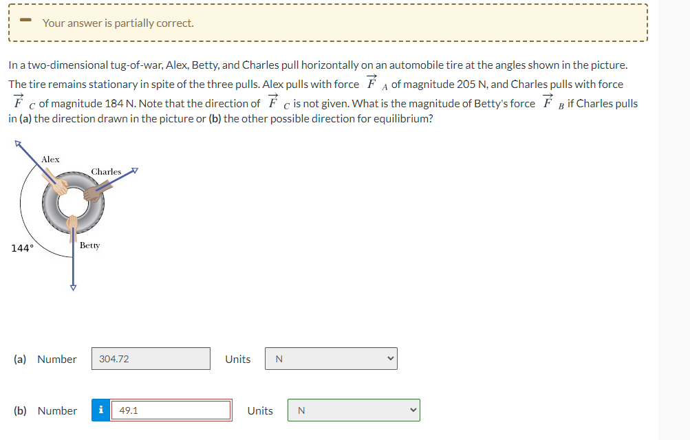 Your answer is partially correct.
In a two-dimensional tug-of-war, Alex, Betty, and Charles pull horizontally on an automobile tire at the angles shown in the picture.
The tire remains stationary in spite of the three pulls. Alex pulls with force F A of magnitude 205 N, and Charles pulls with force
F c of magnitude 184 N. Note that the direction of F c is not given. What is the magnitude of Betty's force F B if Charles pulls
in (a) the direction drawn in the picture or (b) the other possible direction for equilibrium?
Alex
Charles
144°
Betty
(a) Number
304.72
Units
N
(b) Number
49.1
Units
