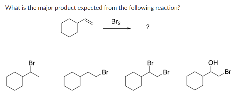 What is the major product expected from the following reaction?
Br₂
Br
?
مٹی میں
Br
Br
OH
Br