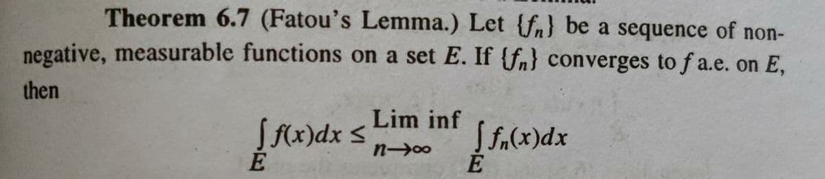 Theorem 6.7 (Fatou's Lemma.) Let {fn} be a sequence of non-
negative, measurable functions on a set E. If {fn} converges to f a.e. on E,
then
Lim inf
Sfx)dx <
É
Sf.(x)dx
n00
