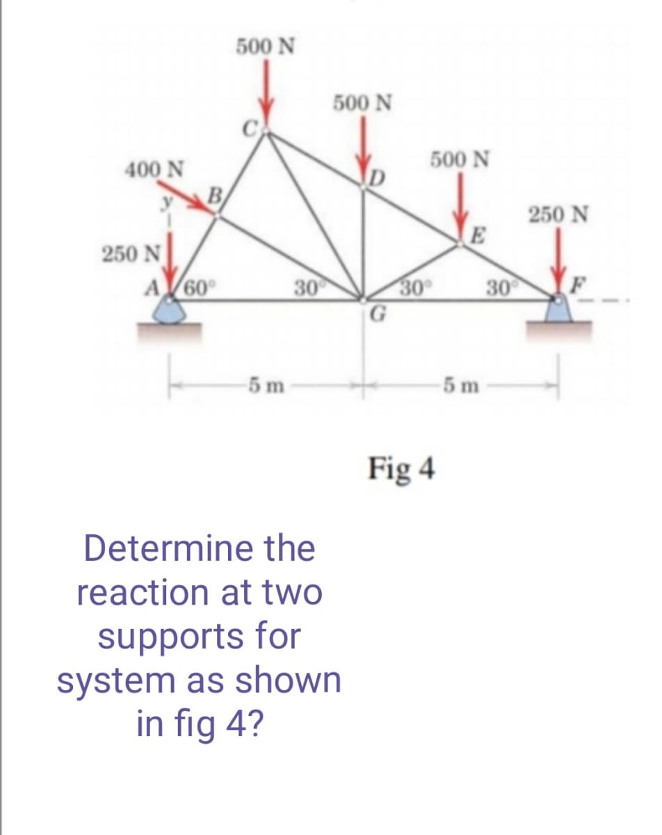 500 N
500 N
500 N
400 N
B
250 N
250 N
A 60°
30
30
30
G
5 m
5 m
Fig 4
Determine the
reaction at two
supports for
system as shown
in fig 4?
