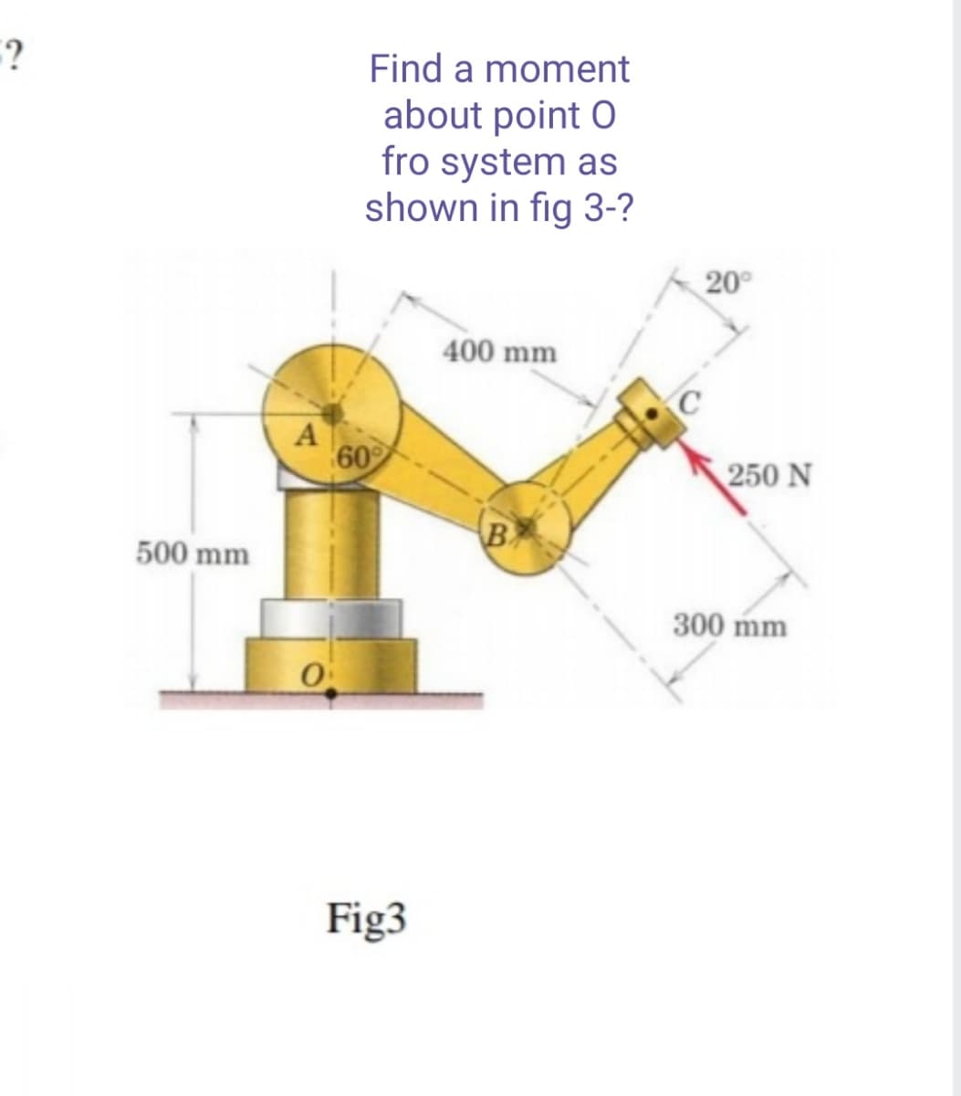 Find a moment
about point O
fro system as
shown in fig 3-?
20°
400 mm
A
60
250 N
B
500 mm
300 mm
Fig3
