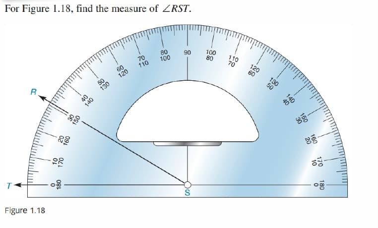 For Figure 1.18, find the measure of ZRST.
80
100
90
70
110
100
80
110
70
60
120
120
60
50
130
130
R.
Figure 1.18
150
30
160
20
170
140
40
10
180
50
081
