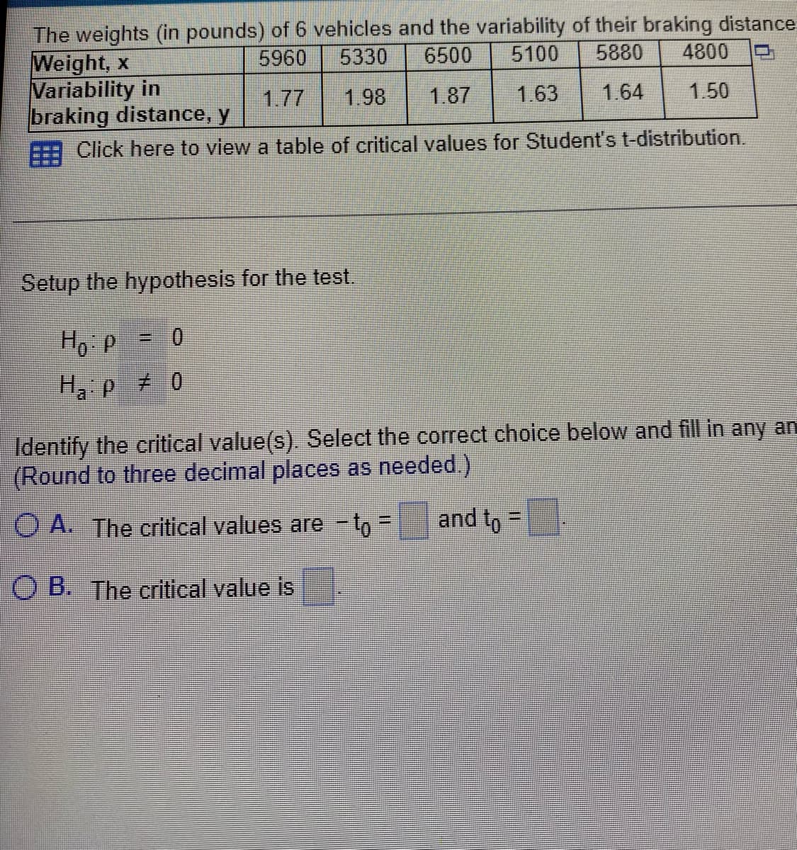 The weights (in pounds) of 6 vehicles and the variability of their braking distance
5960
5330
6500 5100 5880
4800
1.77 1.98
1.87 1.63
1.64
1.50
Weight, x
Variability in
braking distance, y
Click here to view a table of critical values for Student's t-distribution.
Setup the hypothesis for the test.
Ho P = 0
Ha: p ≠ 0
Identify the critical value(s). Select the correct choice below and fill in any an
(Round to three decimal places as needed.)
O A. The critical values are -to =
and to
OB. The critical value is