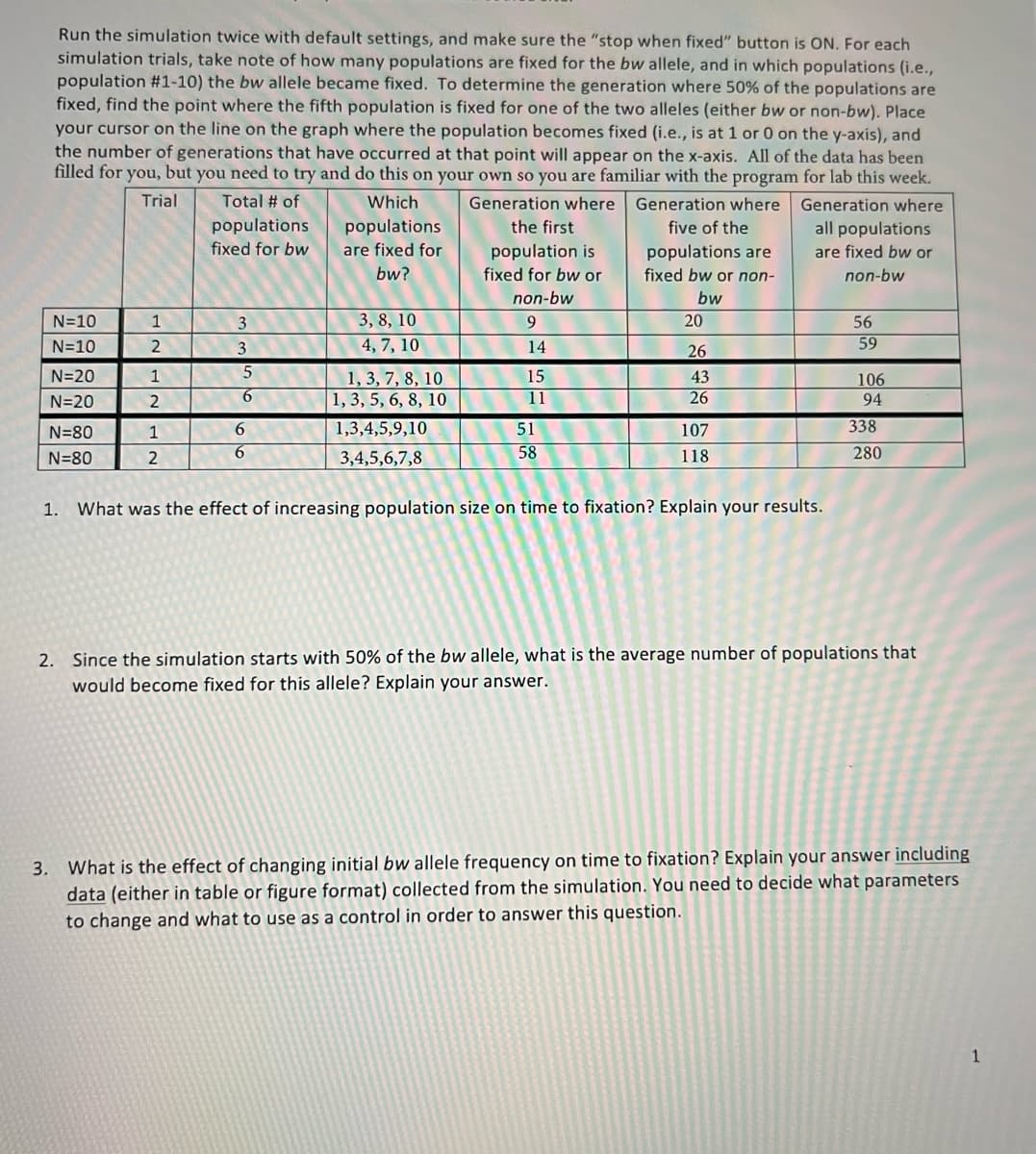 Run the simulation twice with default settings, and make sure the "stop when fixed" button is ON. For each
simulation trials, take note of how many populations are fixed for the bw allele, and in which populations (i.e.,
population #1-10) the bw allele became fixed. To determine the generation where 50% of the populations are
fixed, find the point where the fifth population is fixed for one of the two alleles (either bw or non-bw). Place
your cursor on the line on the graph where the population becomes fixed (i.e., is at 1 or 0 on the y-axis), and
the number of generations that have occurred at that point will appear on the x-axis. All of the data has been
filled for you, but you need to try and do this on your own so you are familiar with the program for lab this week.
Trial
Total # of
Which
Generation where Generation where
Generation where
populations
populations
the first
five of the
all populations
fixed for bw
are fixed for
population is
fixed for bw or
populations are
fixed bw or non-
are fixed bw or
bw?
non-bw
non-bw
bw
N=10
3
3, 8, 10
20
56
N=10
2
3
4, 7, 10
14
26
59
N=20
1
15
1, 3, 7, 8, 10
1, 3, 5, 6, 8, 10
43
106
N=20
6
11
26
94
N=80
1
6
1,3,4,5,9,10
51
107
338
N=80
2
3,4,5,6,7,8
58
118
280
1. What was the effect of increasing population size on time to fixation? Explain your results.
2. Since the simulation starts with 50% of the bw allele, what is the average number of populations that
would become fixed for this allele? Explain your answer.
3. What is the effect of changing initial bw allele frequency on time to fixation? Explain your answer including
data (either in table or figure format) collected from the simulation. You need to decide what parameters
to change and what to use as a control in order to answer this question.
1
