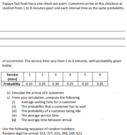 Papaye fast food has a one check out point. Customers arrive at this checkout at
random from 1 to 8 minutes apart and each interval time as the same probability
of occurrence. The service time vary from 1 to 6 minutes, with probability given
below
Service
2
3
4
5
6
(mins)
Probability 0.10
0.20
0.25
0.30
0.10
0.05
b) Simulate the arrival of 6 customers
c) From your simulation, compute the following
(i) Average waiting time for a customer
(ii) The probability that a customer has to wait
(iii) The probability of a customer being idle
(iv) The average service time
(v) The average time between arrival
Use the following sequence of random numbers:
Random digit for arrival: 913, 727, 015, 948, 309, 922
