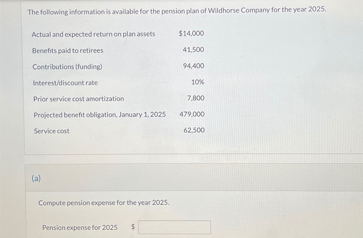 The following information is available for the pension plan of Wildhorse Company for the year 2025.
Actual and expected return on plan assets
Benefits paid to retirees
Contributions (funding)
Interest/discount rate
Prior service cost amortizati
Projected benefit obligation, January 1, 2025
Service cost
(a)
Compute pension expense for the year 2025.
Pension expense for 2025 $
$14,000
41,500
94,400
10%
7,800
479,000
62,500