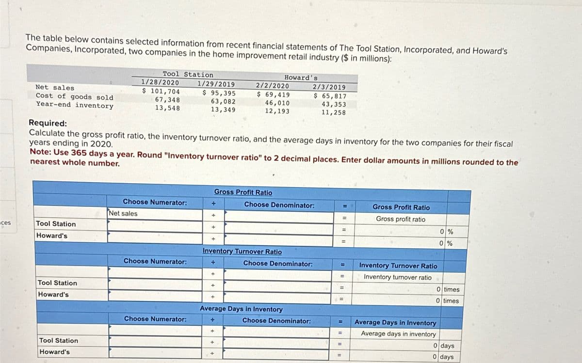 ces
The table below contains selected information from recent financial statements of The Tool Station, Incorporated, and Howard's
Companies, Incorporated, two companies in the home improvement retail industry ($ in millions):
Net sales
Cost of goods sold
Year-end inventory
Tool Station
Howard's
Tool Station
Howard's
Tool Station
Howard's
Tool Station
1/28/2020
$ 101,704
67,348
13,548
Net sales
Required:
Calculate the gross profit ratio, the inventory turnover ratio, and the average days in inventory for the two companies for their fiscal
years ending in 2020.
Note: Use 365 days a year. Round "Inventory turnover ratio" to 2 decimal places. Enter dollar amounts in millions rounded to the
nearest whole number.
Choose Numerator:
Choose Numerator:
1/29/2019
$ 95,395
63,082
13,349
Choose Numerator:
+
Gross Profit Ratio
+
+
+
Inventory Turnover Ratio
+
+
2/2/2020
$ 69,419
46,010
12,193
+
+
Howard's
Choose Denominator:
Average Days in Inventory
+
2/3/2019
$ 65,817
43,353
11,258
Choose Denominator:
Choose Denominator:
=
=
=
=
=
=
=
=
=
=
=
Gross Profit Ratio
Gross profit ratio
Inventory Turnover Ratio
Inventory turnover ratio
0%
0%
0 times
0 times
Average Days in Inventory
Average days in inventory
0 days
0 days